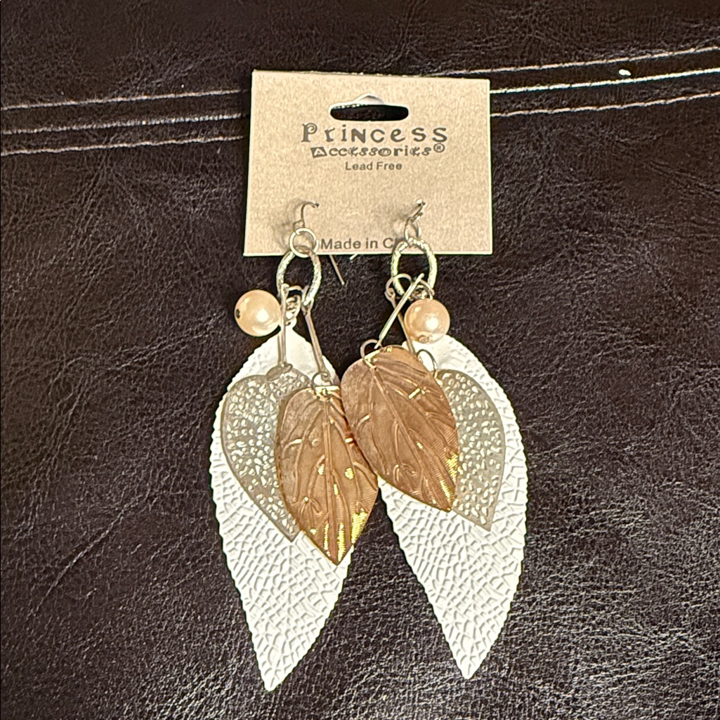Prince White And Rose Gold Leaf Layered Dangle Earrings